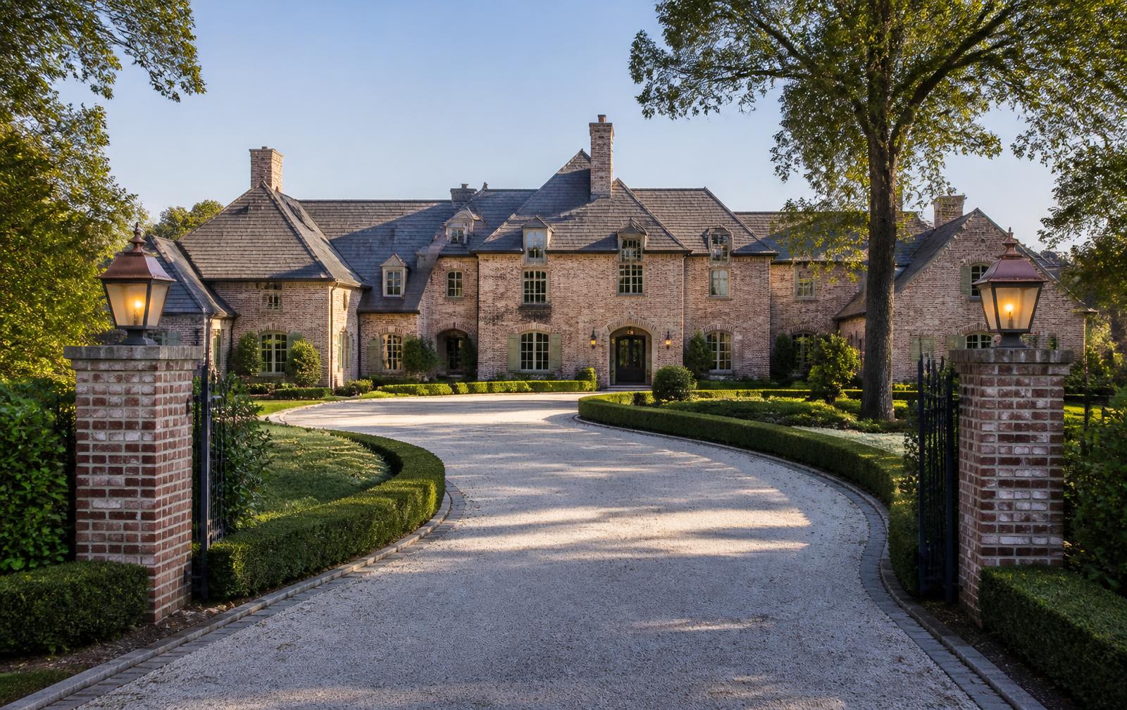 Gravel motor court leading to a brick-and-slate Foxcroft estate