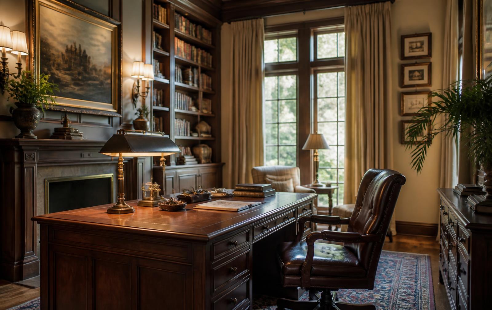A quiet walnut-paneled writing study in a Foxcroft estate