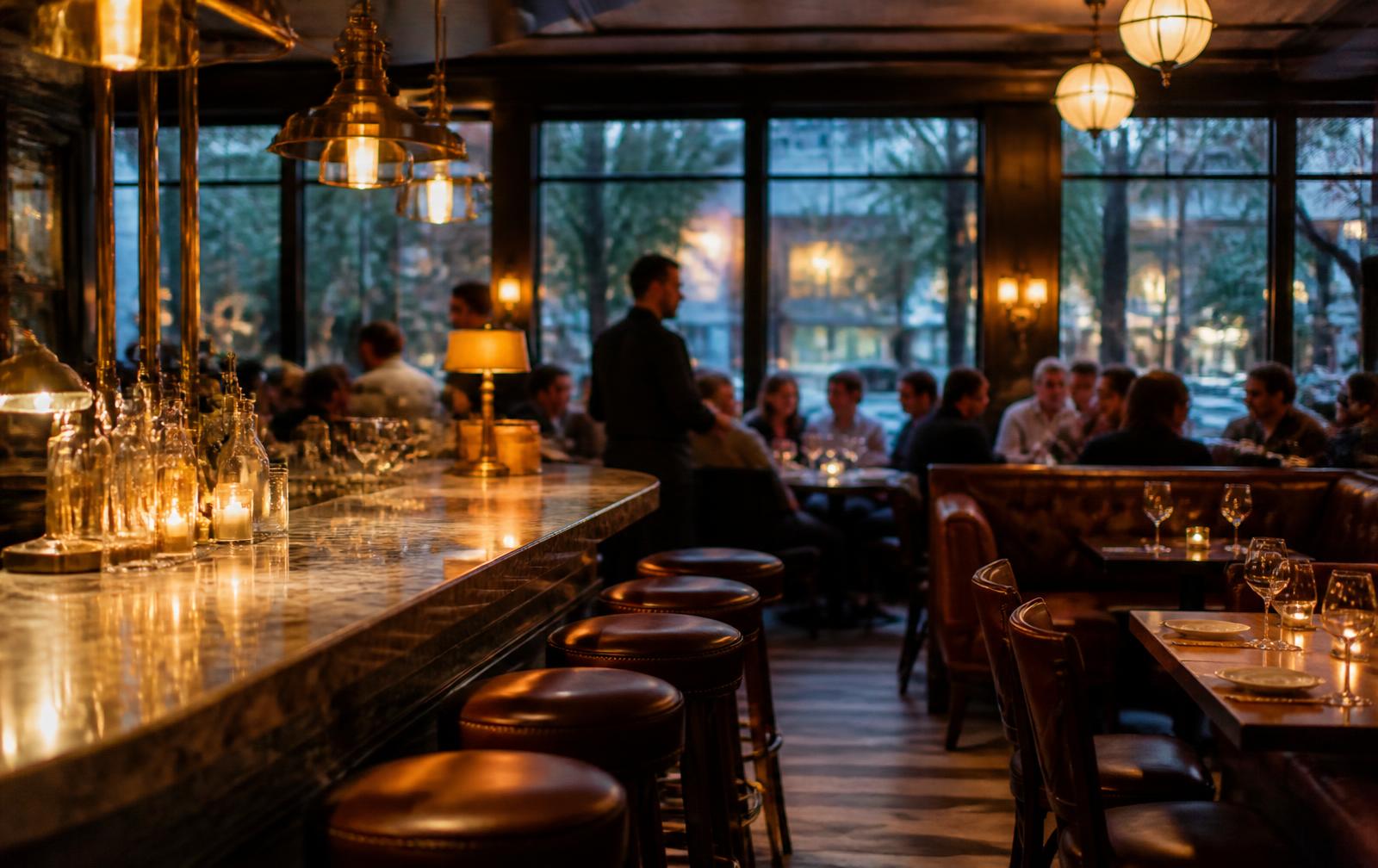 Warm marble bar and dining room of a neighborhood restaurant near Foxcroft