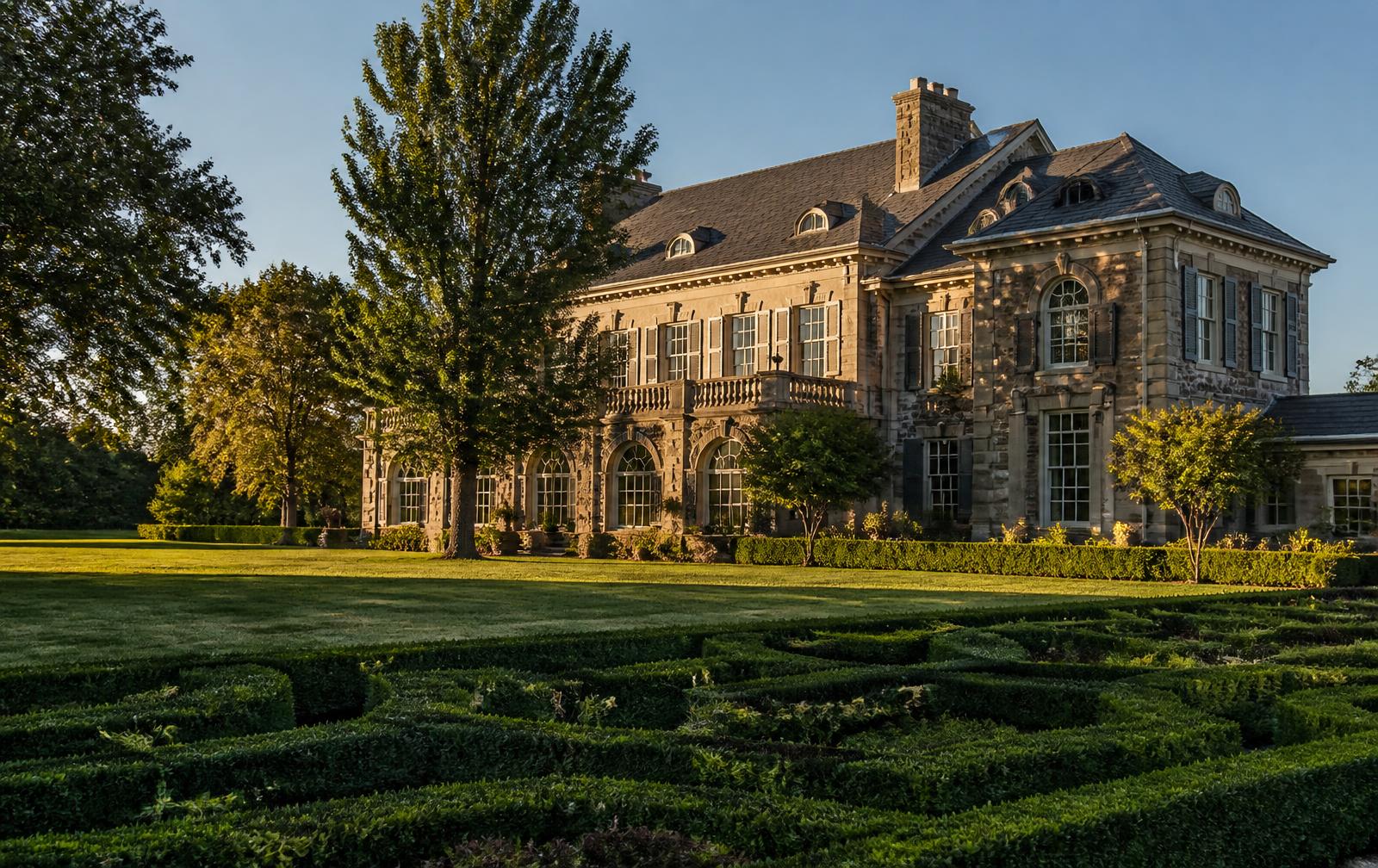 A stone Foxcroft estate above a formal boxwood parterre garden