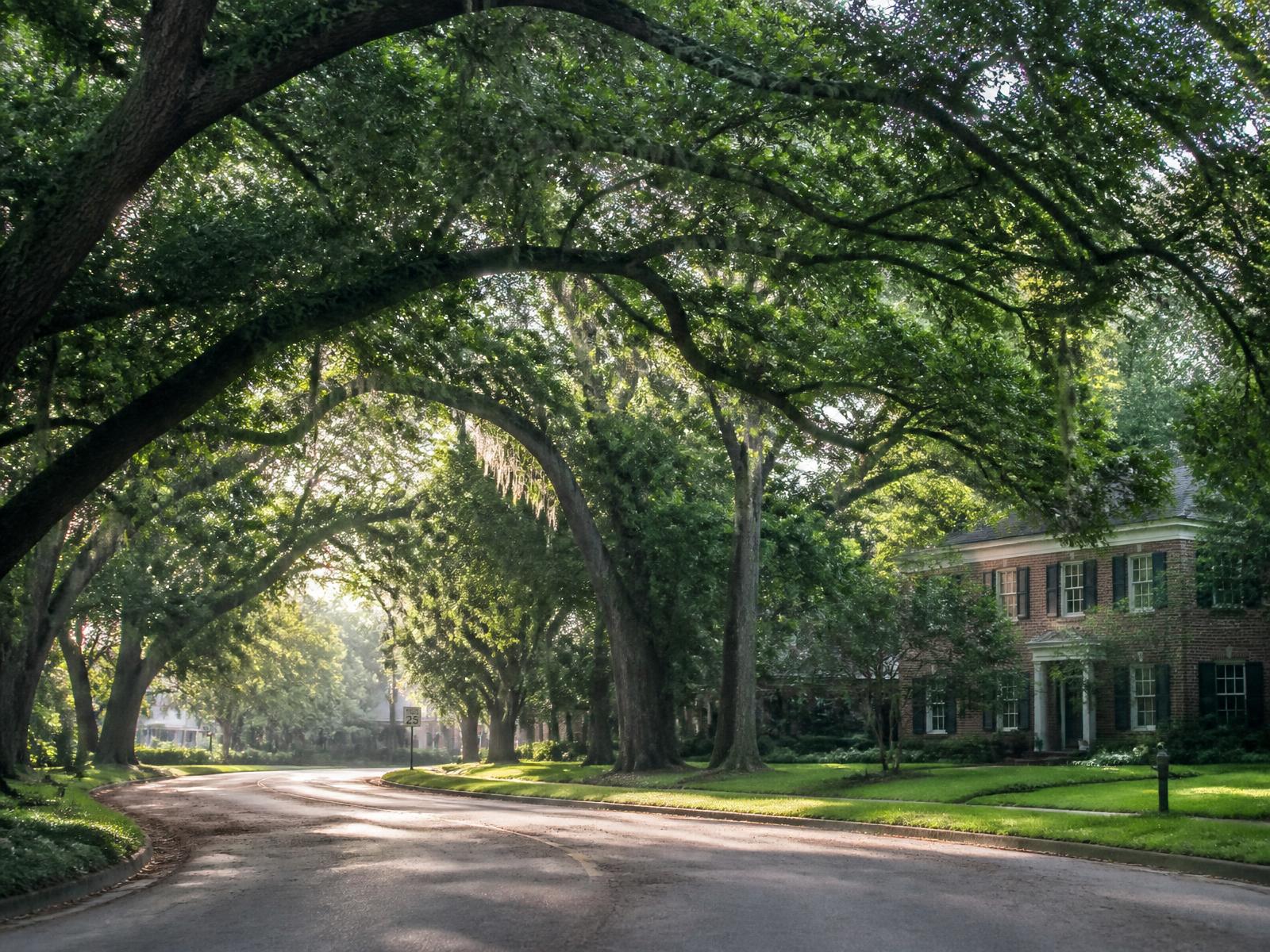 Canopied residential street with brick homes set back behind lawns in Foxcroft, Charlotte