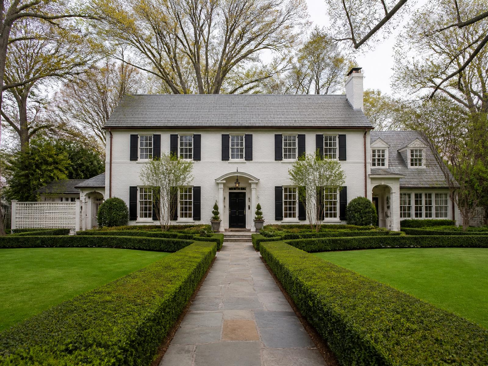 Painted-brick Colonial Revival home with clipped boxwood parterre on a deep Foxcroft lot