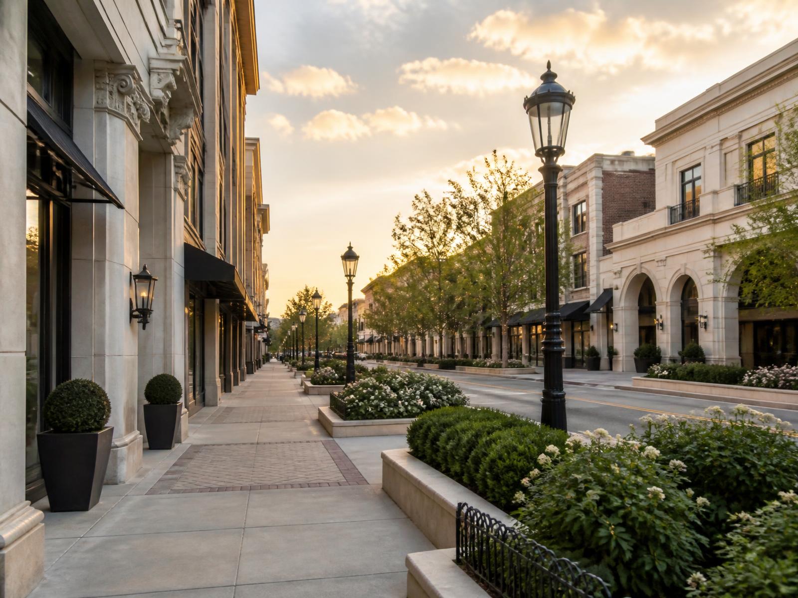 Open-air luxury retail street with limestone storefronts near Foxcroft in Charlotte