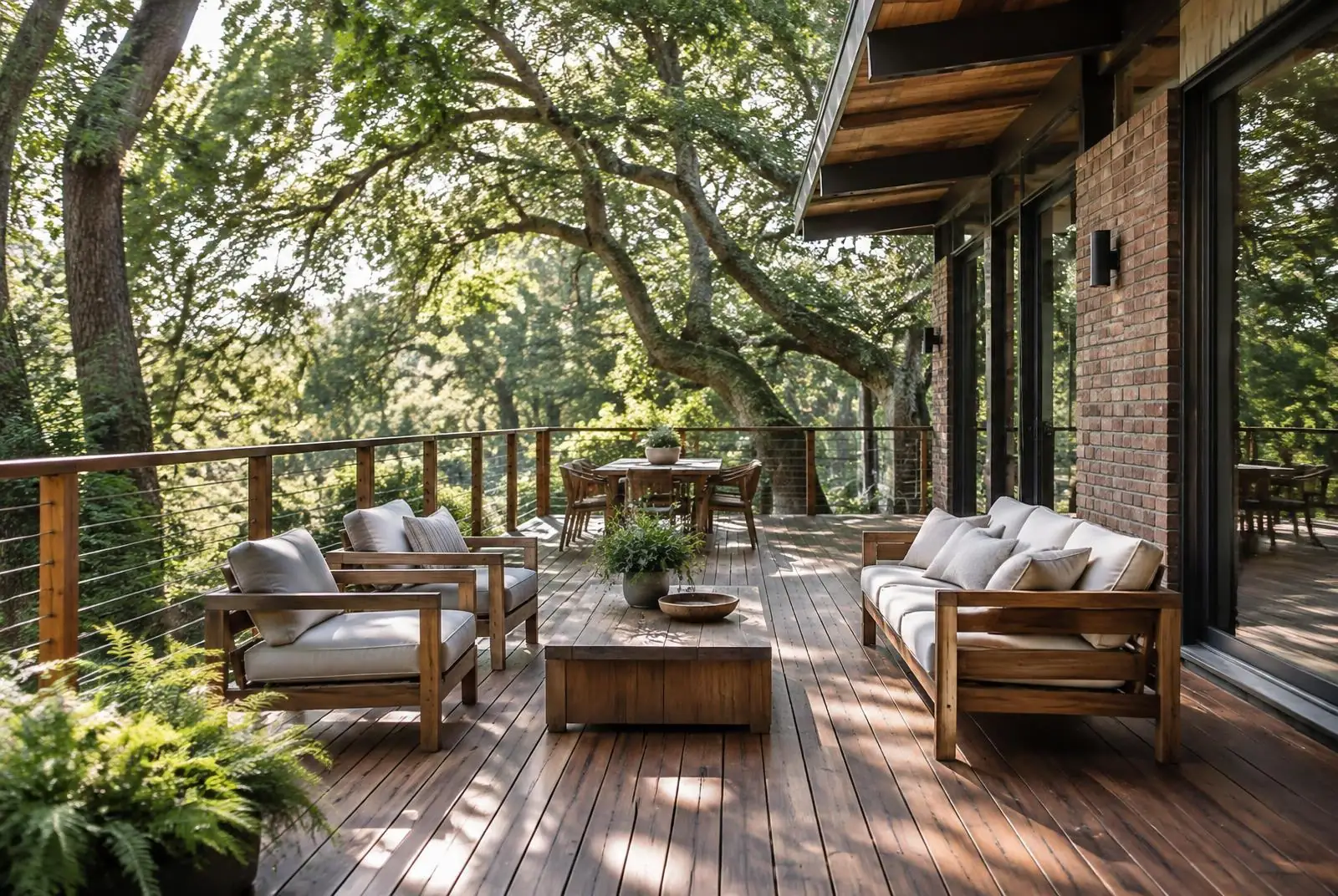 Elevated hardwood deck with cable railing beneath willow oaks at a renovated Foxcroft home