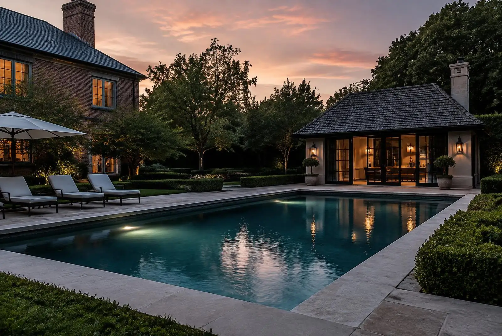 Rectilinear dark-plaster pool with limestone coping and a lit pool house at a Foxcroft estate at dusk