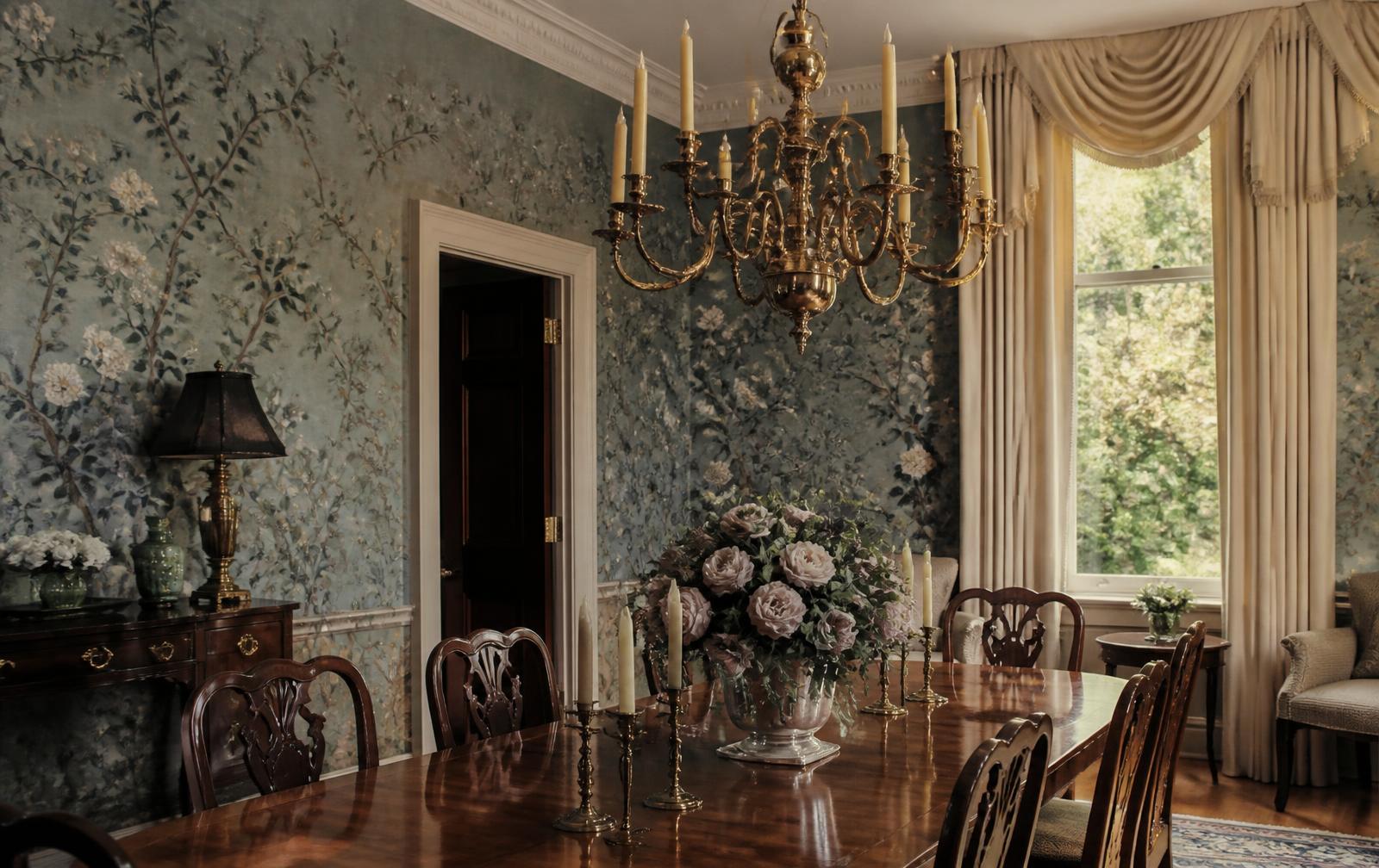 Formal dining room with hand-painted wallpaper and brass chandelier in a Foxcroft estate