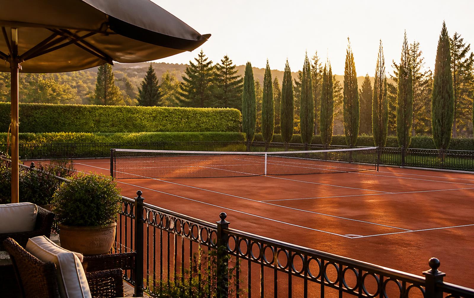 Private clay tennis courts at a Charlotte club at golden hour
