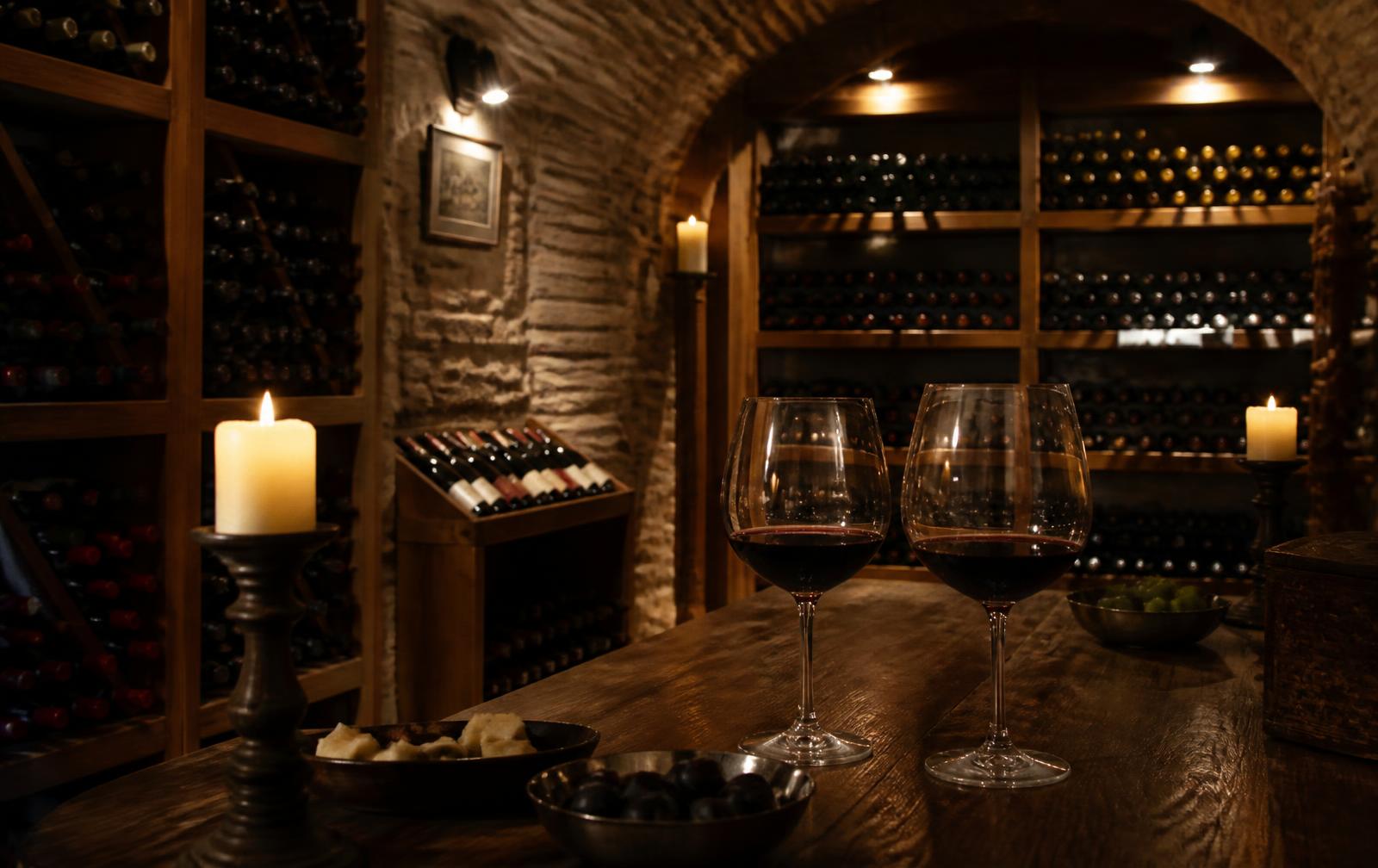 Candlelit wine cellar tasting nook near Foxcroft, Charlotte