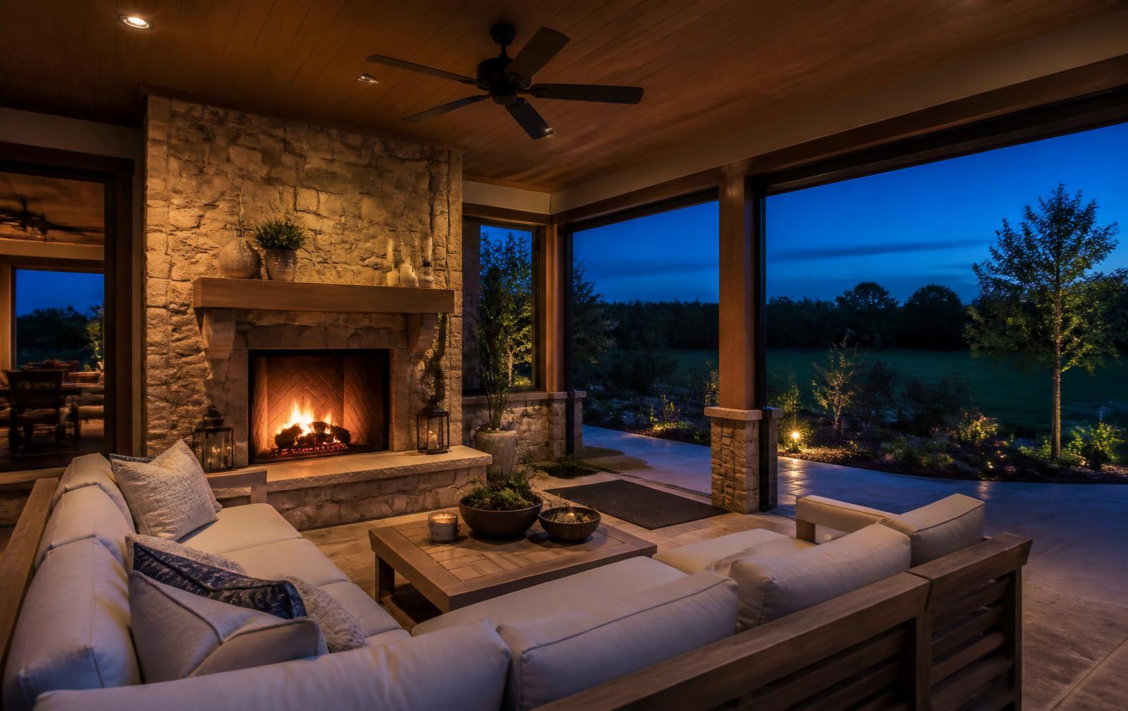 Covered outdoor living room with a lit stone fireplace behind a Foxcroft estate