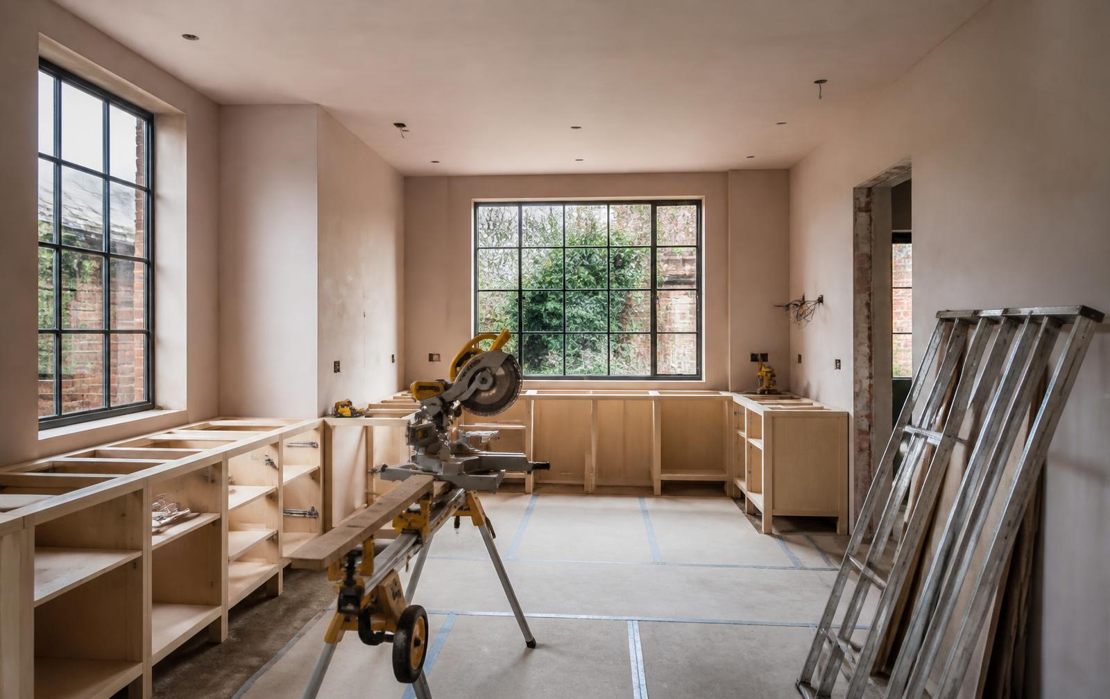 A luxury Foxcroft kitchen renovation in progress with new steel windows
