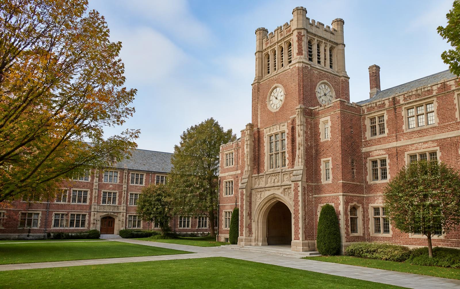 Brick clock tower and quad of a private school campus near Foxcroft