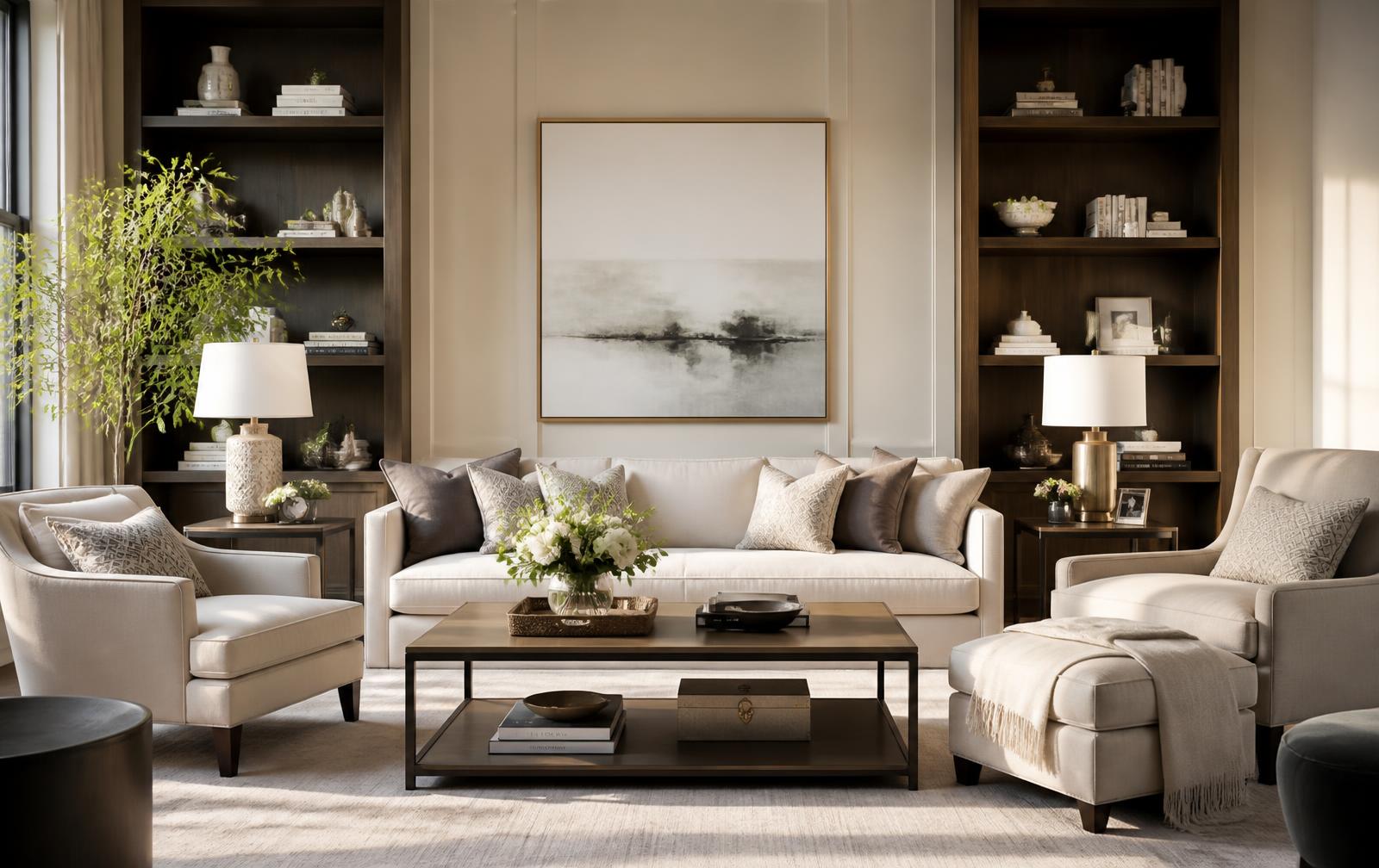 A professionally staged great room prepared for listing photography