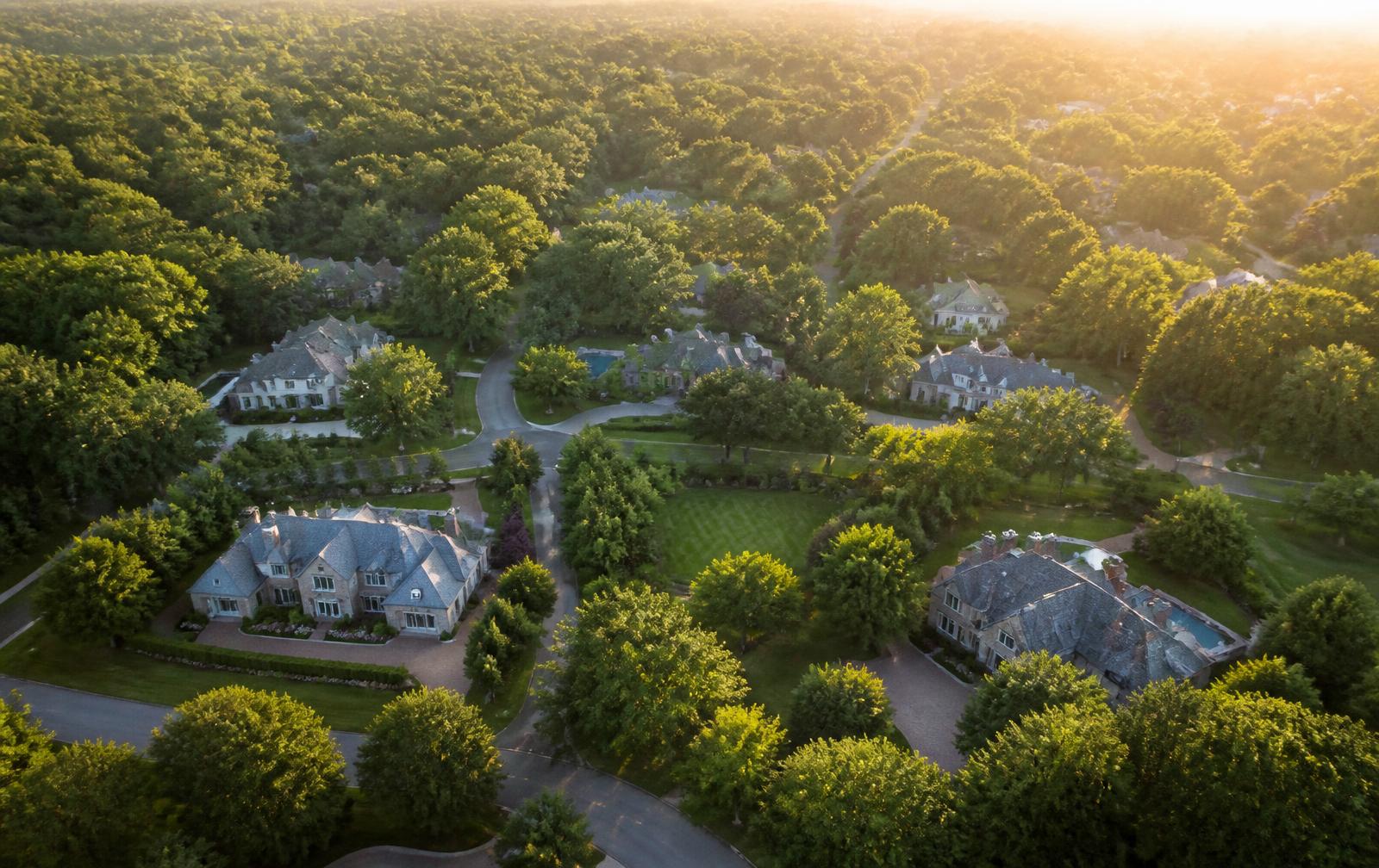 Aerial view of estate homes under mature oak canopy in Charlotte's 28211 ZIP code